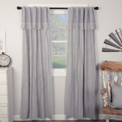 farmhouse ticking blue lined valance panels 96" set of two farmhouse drapes