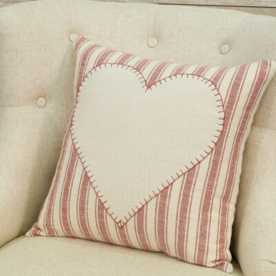 market place red ticking heart patch 18" x 18" pillow cover farmhouse pillowcase