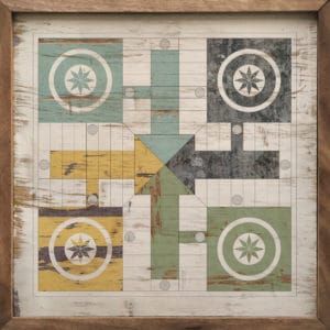 Parcheesi board game wooden sign in softly muted tones