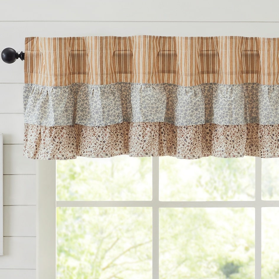kaila ticking gold ruffled valance 60" farmhouse window topper