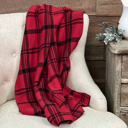 cotton knit red and block plaid throw blanket