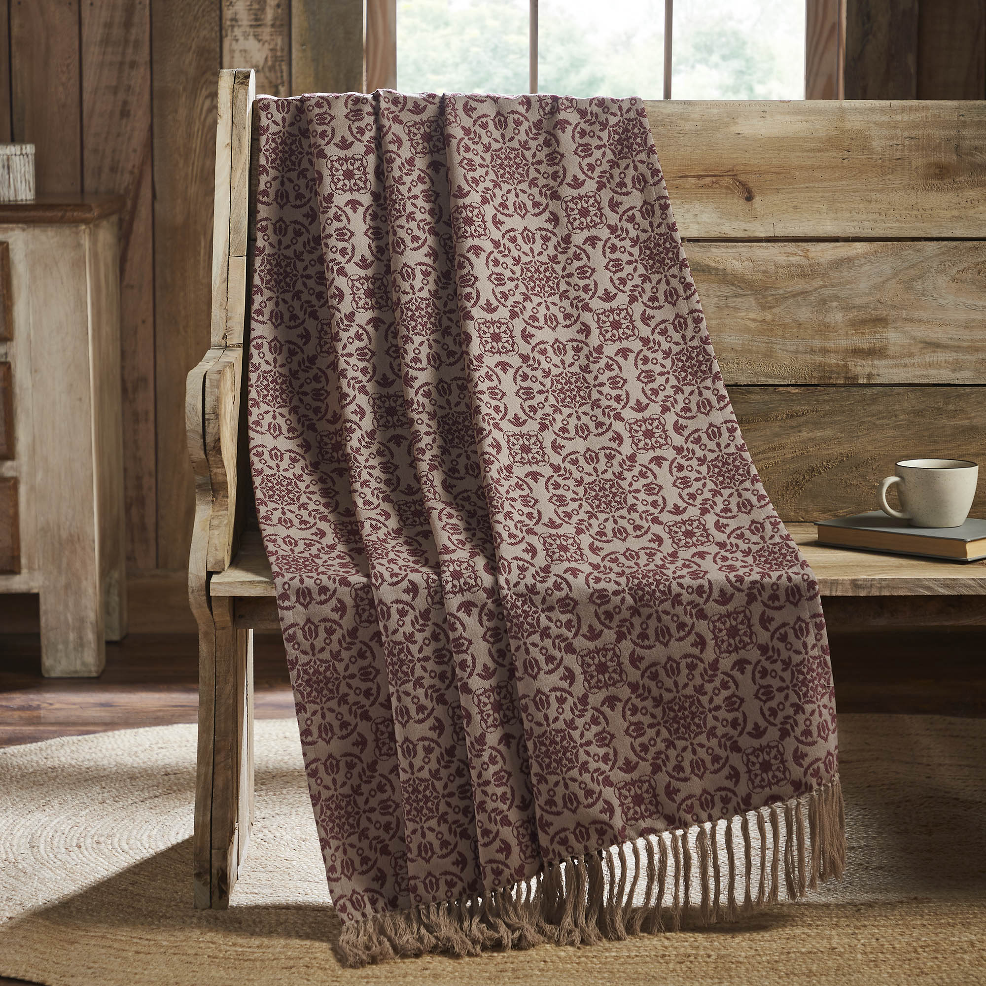 Custom House Burgundy Tan Jacquard Woven Throw