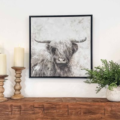 weathered highlander framed cow on canvas farmhouse cow artwork