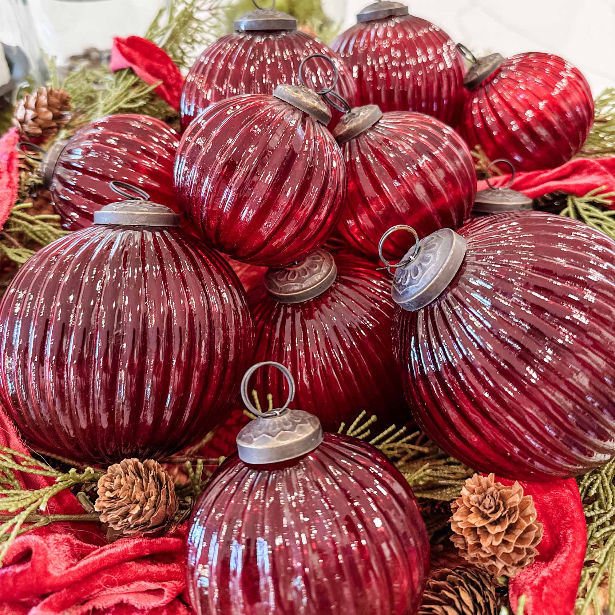 Ribbed Red Glass Ornaments, Set/12 - Image 3