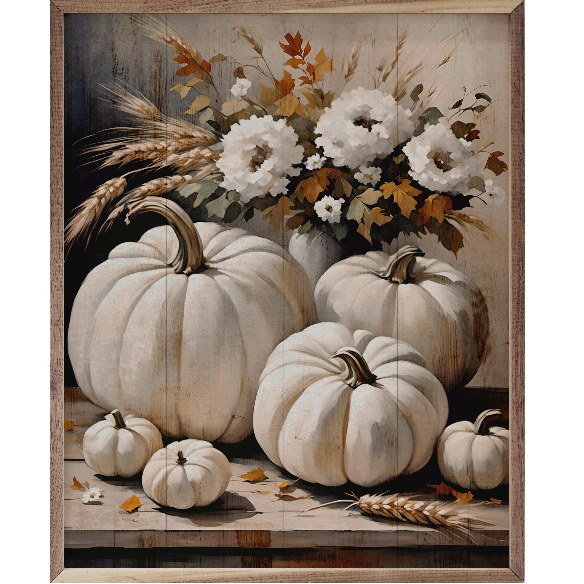 White Pumpkins On Table Wooden Sign