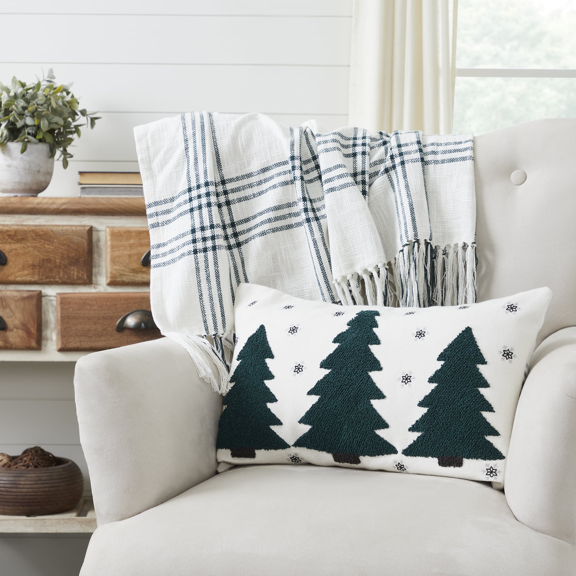 Pine Grove Plaid Embroidered Trees Filled Pillow - 14" x 22"