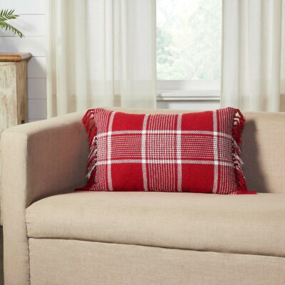 Eston Red White Plaid Fringed Filled Pillow - 14" x 22"