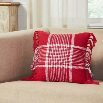 Eston Red White Plaid Fringed Filled Pillow - 12" x 12"