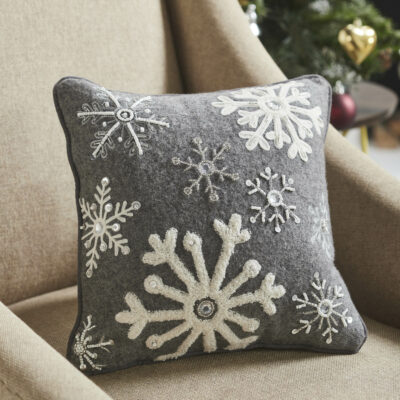 Snowflakes Grey Woolen Felt 12" x 12" Filled Pillow