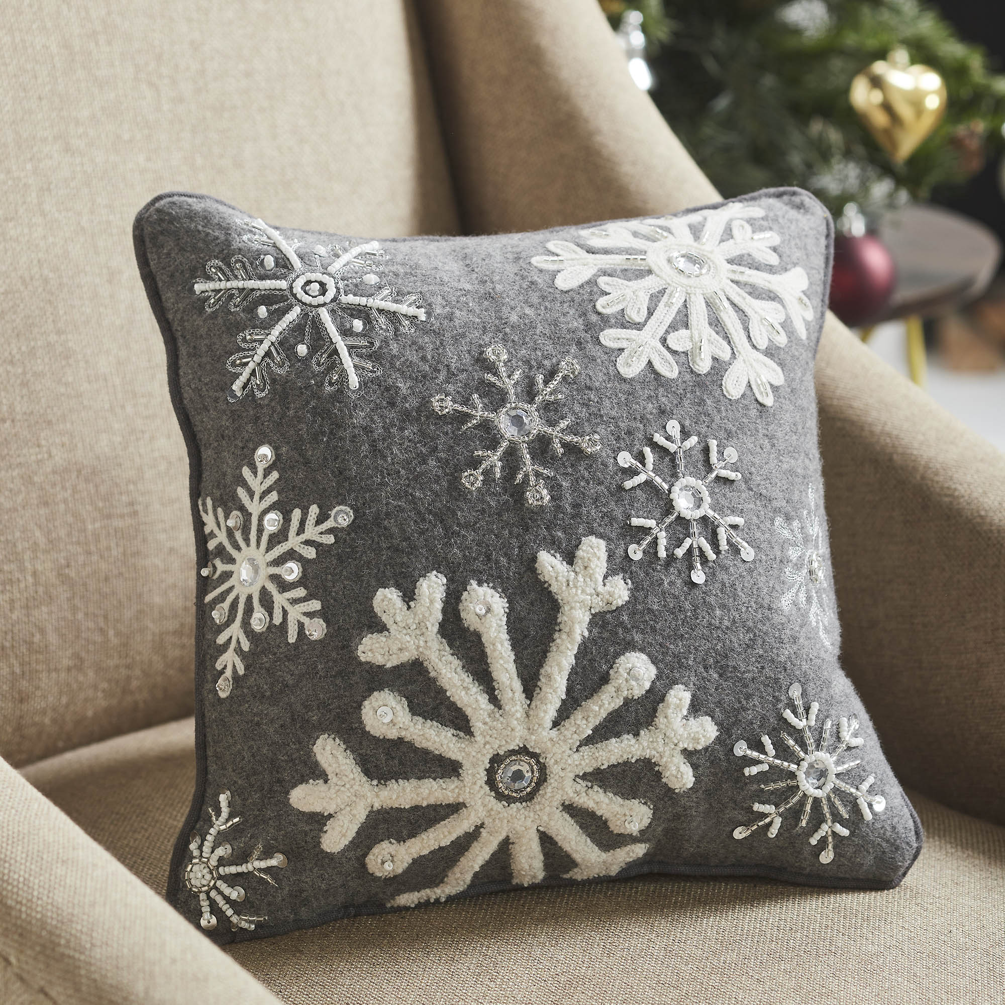 Snowflakes Grey Woolen Felt 12" x 12" Filled Pillow