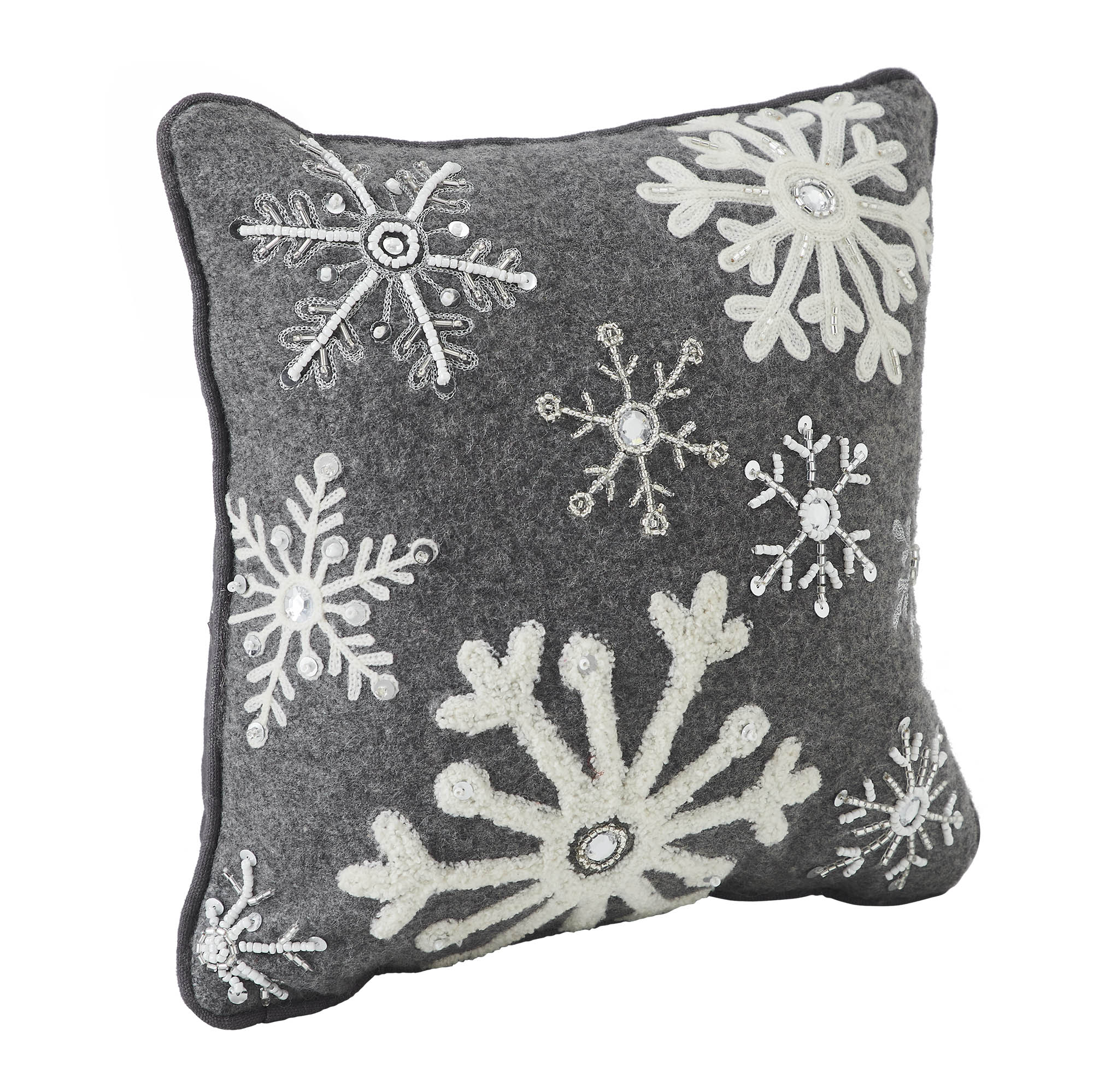 Snowflakes Grey Woolen Felt 12" x 12" Filled Pillow - Image 4