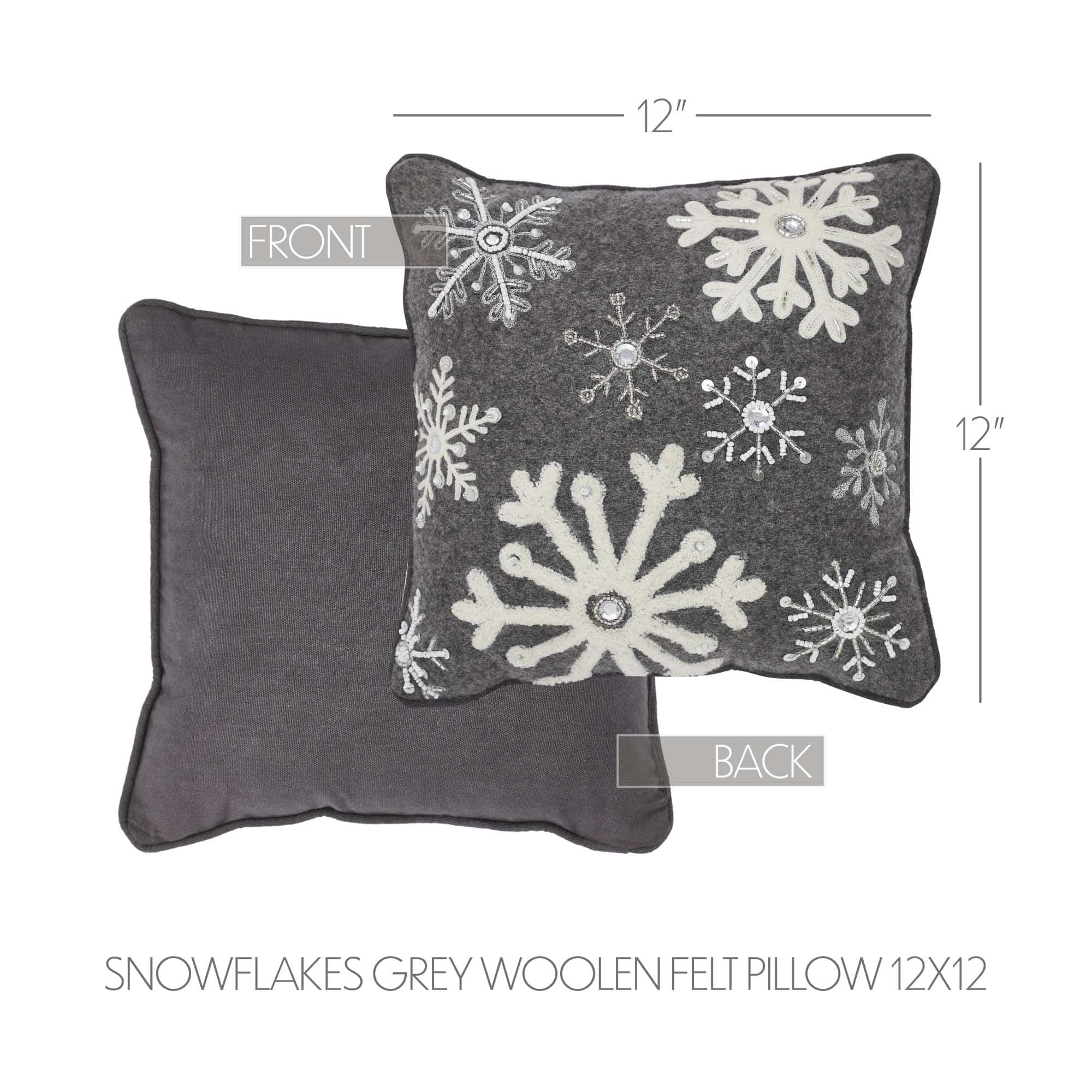 Snowflakes Grey Woolen Felt 12" x 12" Filled Pillow - Image 3