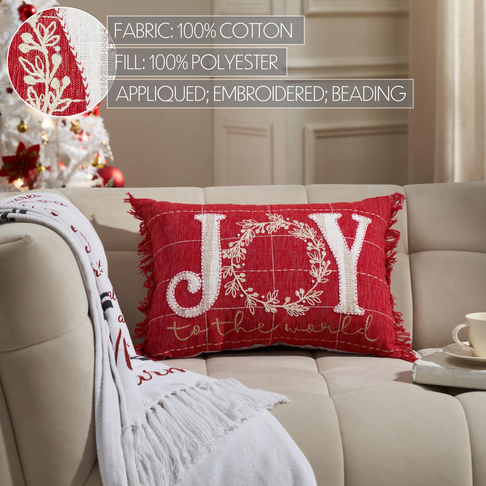 Joy To The World Fringed Filled Pillow - 14" x 20" - Image 2